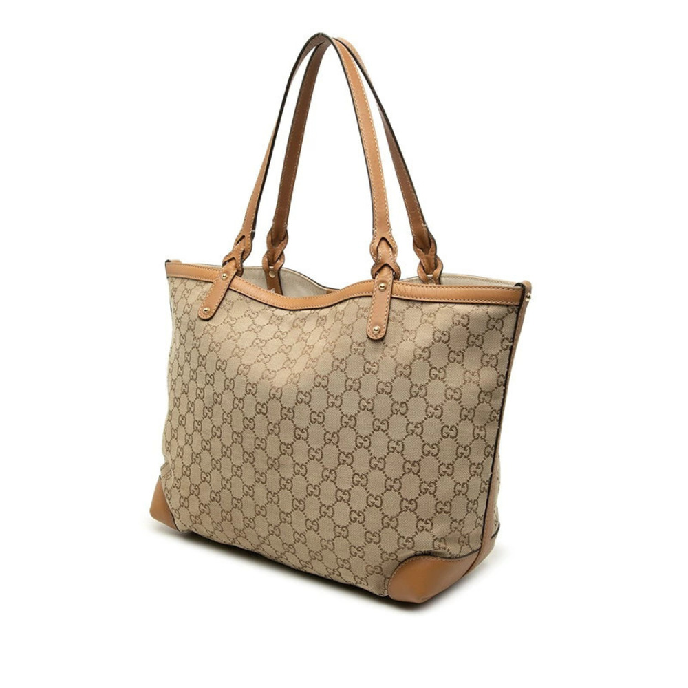 Gucci Leather Tote Canvas Bag Cream Beige Brown GG Shoulder Tan Brown